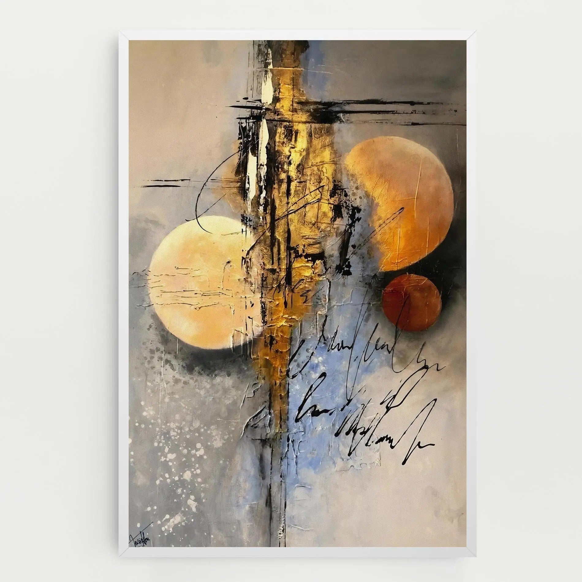 Tablou canvas decorativ cu pictura abstracta cu cercuri aurii si negre